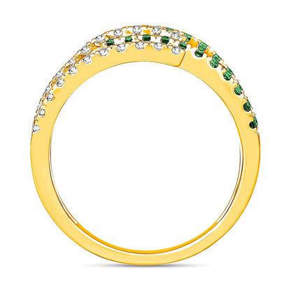 Fashion-Ring mit Smaragd und 0,5 ct. Gesamtgewicht Diamanten, mehrreihig mit offener Ringschiene, in 10K Gelbgold