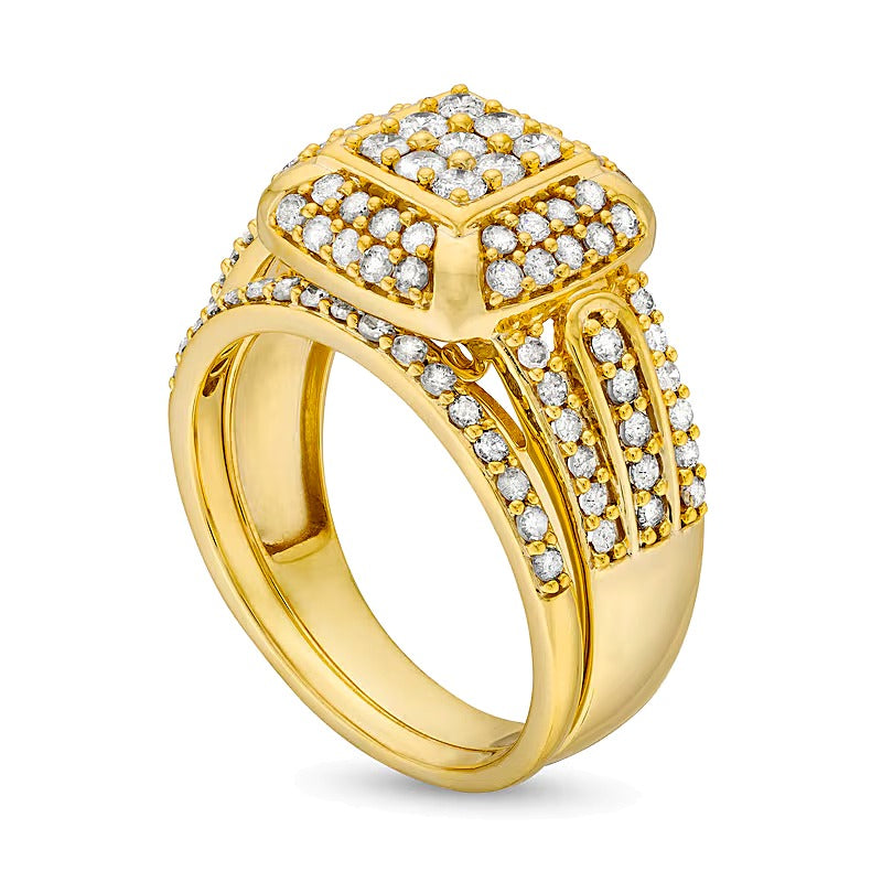 Braut-Set mit weißen Diamanten im Princess-, Kissen- und Rundschliff mit Kissenschliff-Halo, 1.0 ct. Gesamtgewicht, in 10K Gelbgold