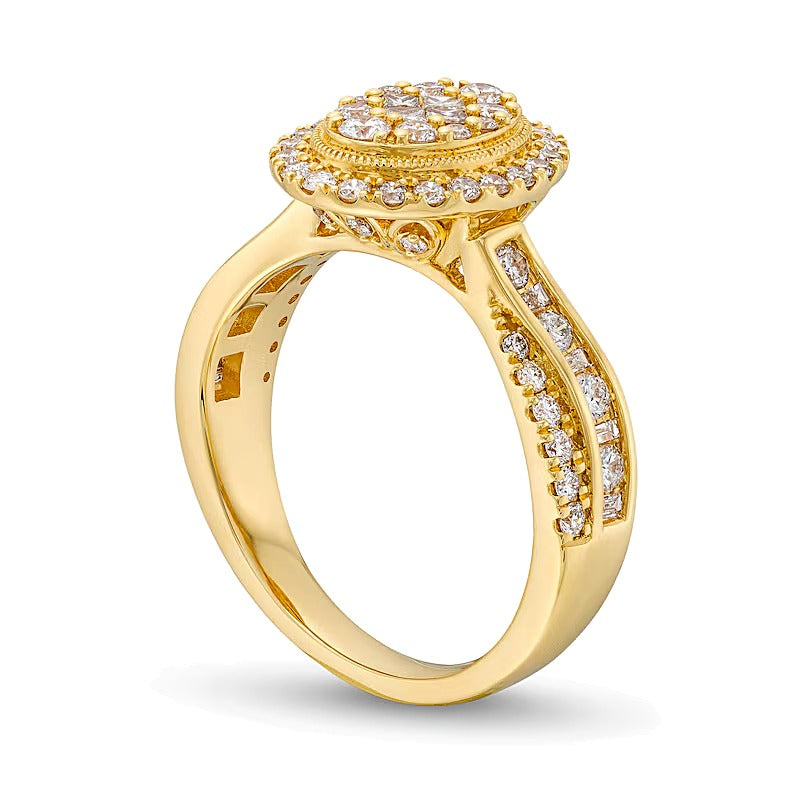 Verlobungsring mit mehreren Diamanten 1.0 ct. Gesamtgewicht in oval, Princess und Baguette aus 14K Gelbgold für Damen