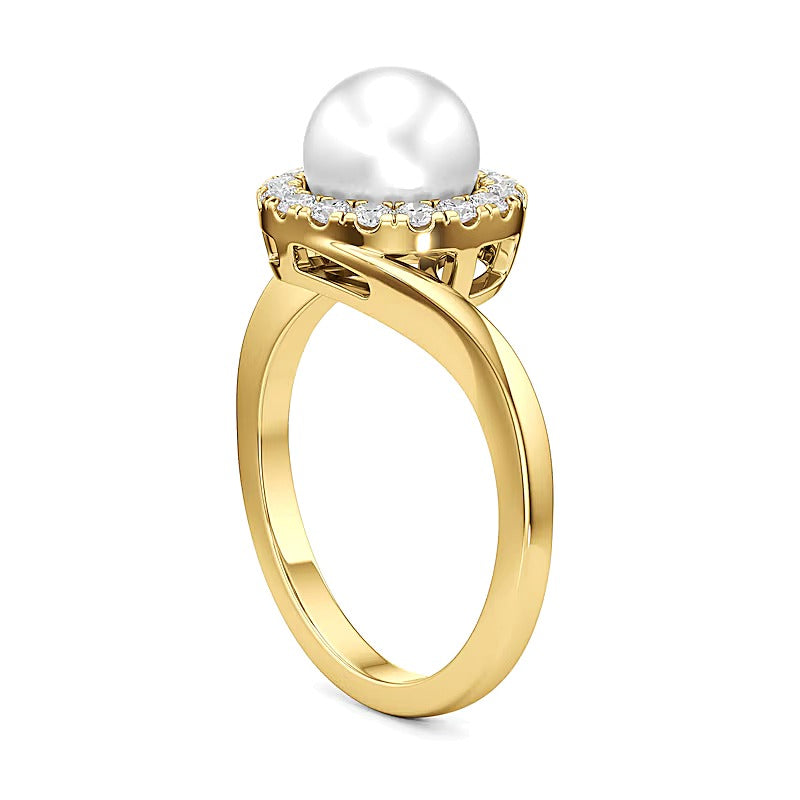 7,0mm Süßwasser-Zuchtperle und 0,33 ct. Gesamtgewicht Labordiamant Bypass-Ring in 14K Gelbgold