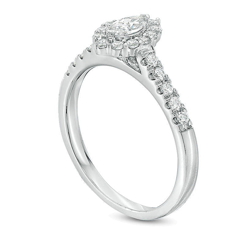 0,63 ct. Gesamtgewicht Verlobungsring mit Diamanten im Marquise- und Rundschliff und Halo in 14K Weißgold