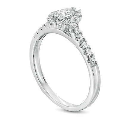 0,63 ct. Gesamtgewicht Verlobungsring mit Diamanten im Marquise- und Rundschliff und Halo in 14K Weißgold
