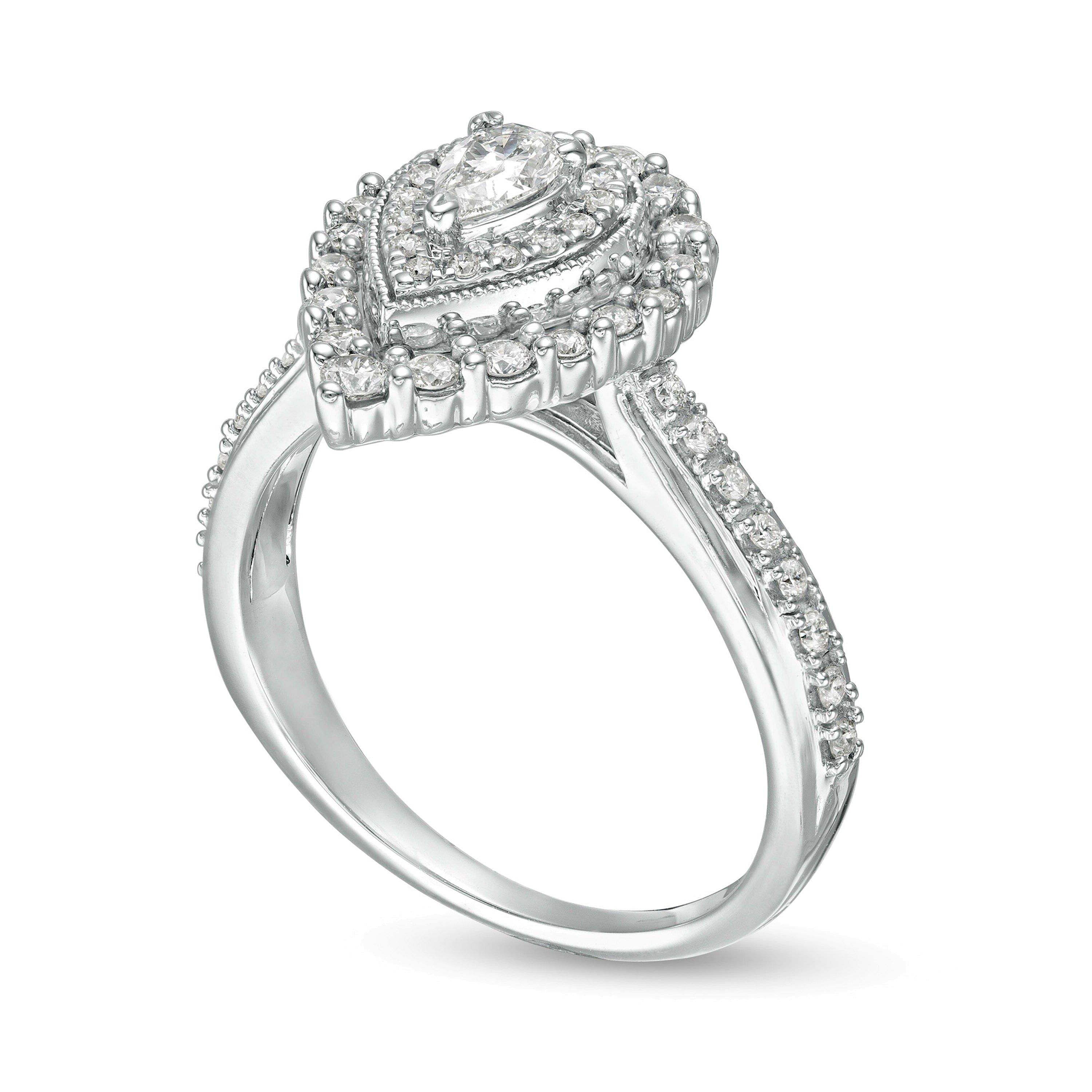 0,63 ct. Gesamtgewicht Verlobungsring Halo mit tropfenförmigen und runden Diamanten in 10K Weißgold