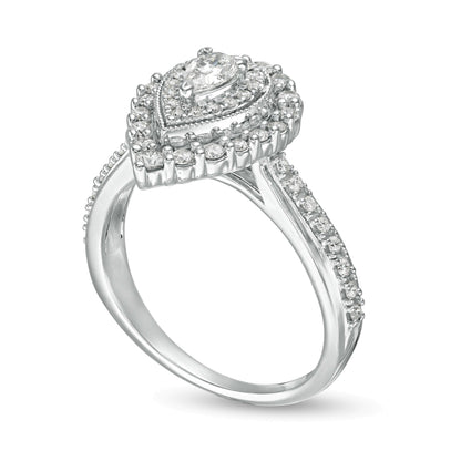 0,63 ct. Gesamtgewicht Verlobungsring Halo mit tropfenförmigen und runden Diamanten in 10K Weißgold
