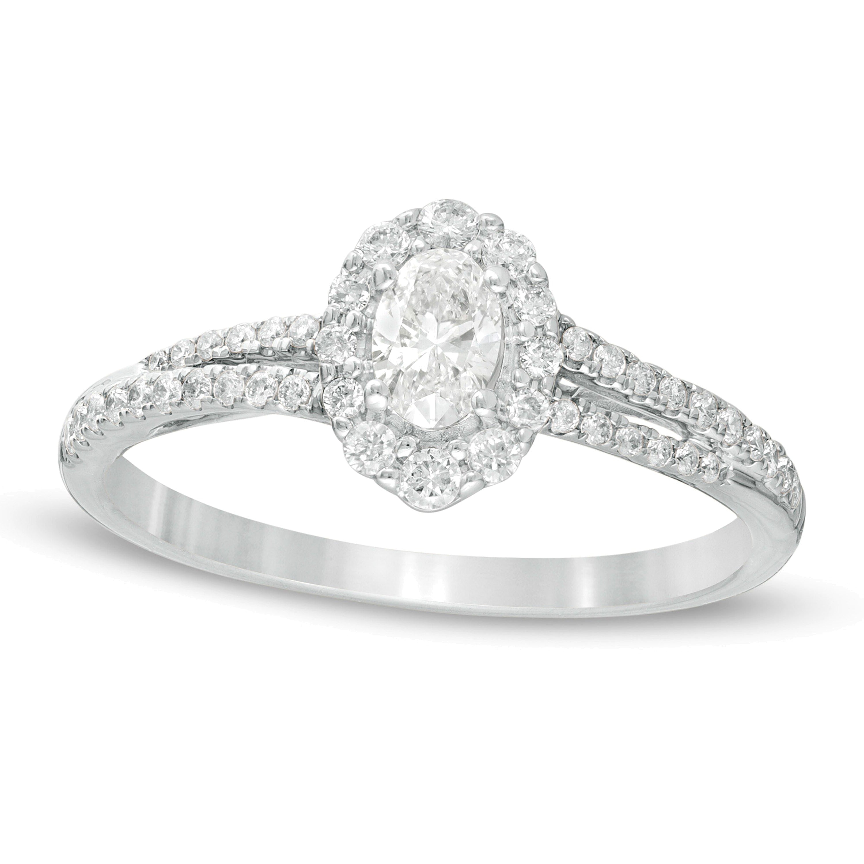 0.5 CT. Gesamtgewicht Verlobungsring mit ovalem Diamant-Halo und geteilter Schiene in 10K Weißgold