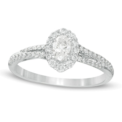 0.5 CT. Gesamtgewicht Verlobungsring mit ovalem Diamant-Halo und geteilter Schiene in 10K Weißgold