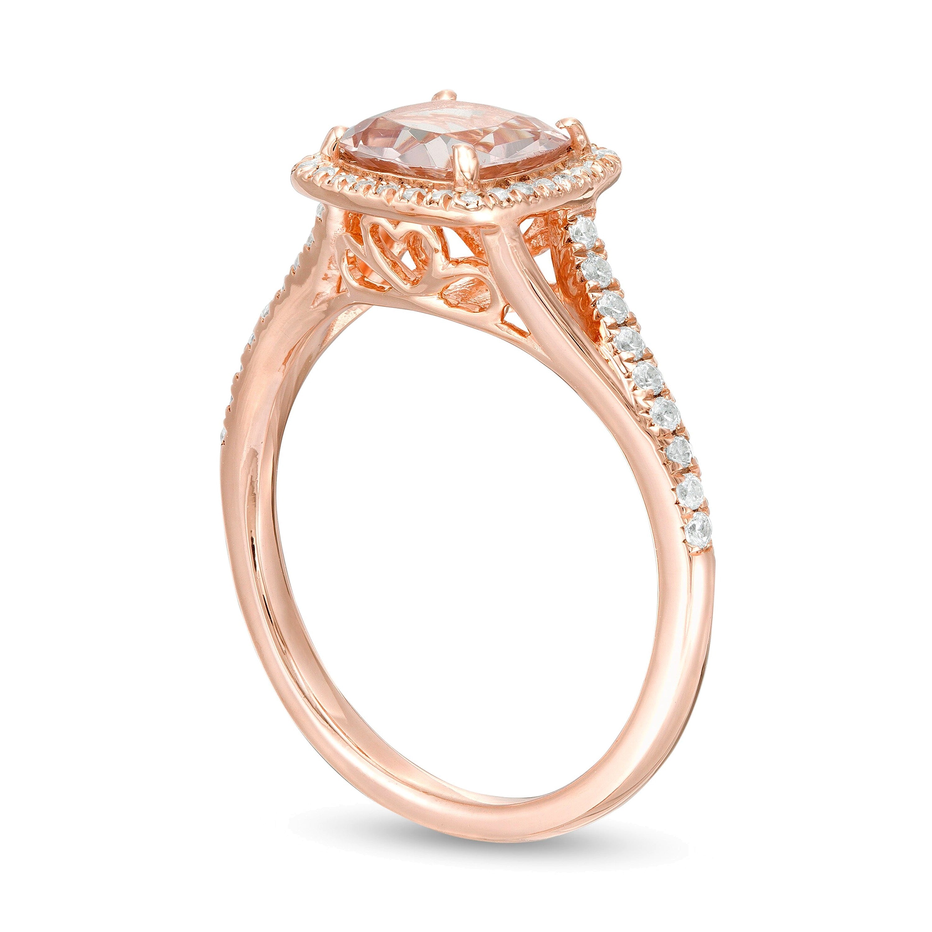 7,0 mm Morganit im Kissenschliff und Diamant 0,25 ct. Gesamtgewicht Halo-Ring mit geteilter Schiene in 10K Roségold