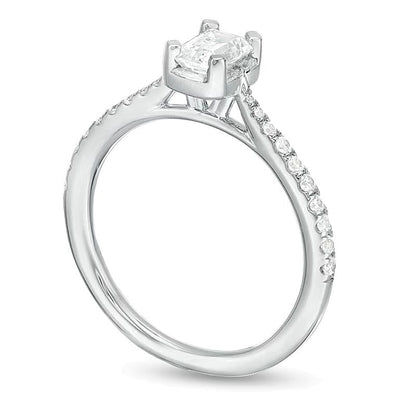 0.75 ct. Gesamtgewicht Verlobungsring mit Diamanten im Smaragdschliff und Halo in 14K Weißgold