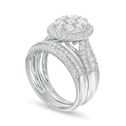 1.5 ct. Gesamtgewicht Komposit-Diamant Braut-Set mit ovalem Rahmen und mehrreihigem Design in 10K Weißgold