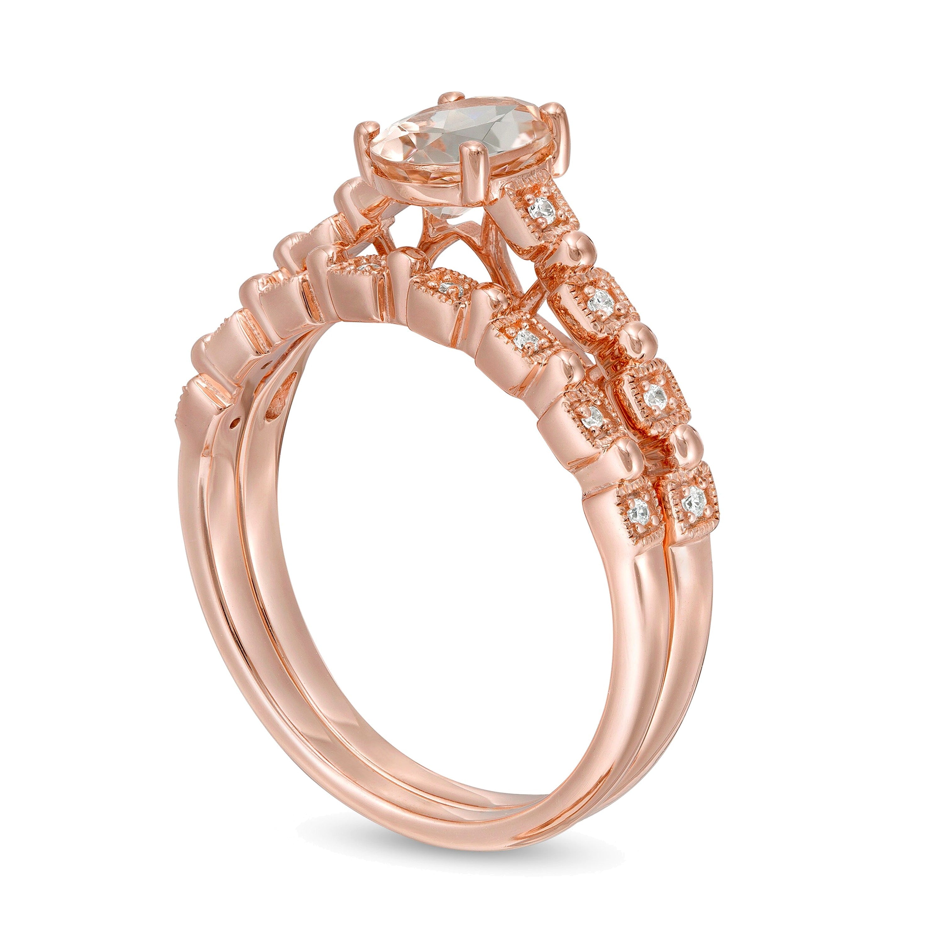 Braut-Set mit ovalem Morganit und 0,07 ct. Gesamtgewicht Diamanten im Art-déco-Stil in 10K Roségold