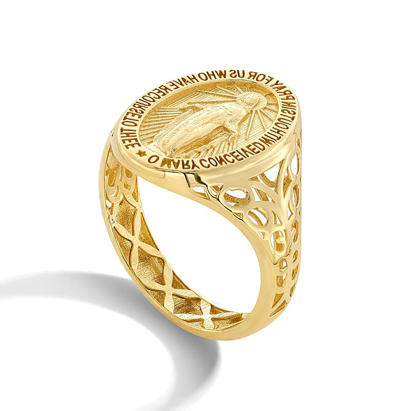 Miraculous-Medaille Siegelring aus massivem 14K Gelbgold für Damen - Größe 7