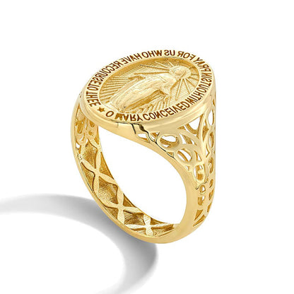 Miraculous-Medaille Siegelring aus massivem 14K Gelbgold für Damen - Größe 7