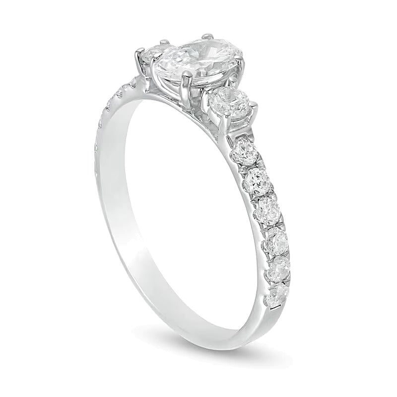 Dreistein-Verlobungsring mit Diamanten 1.17 ct. Gesamtgewicht in 14K Weißgold