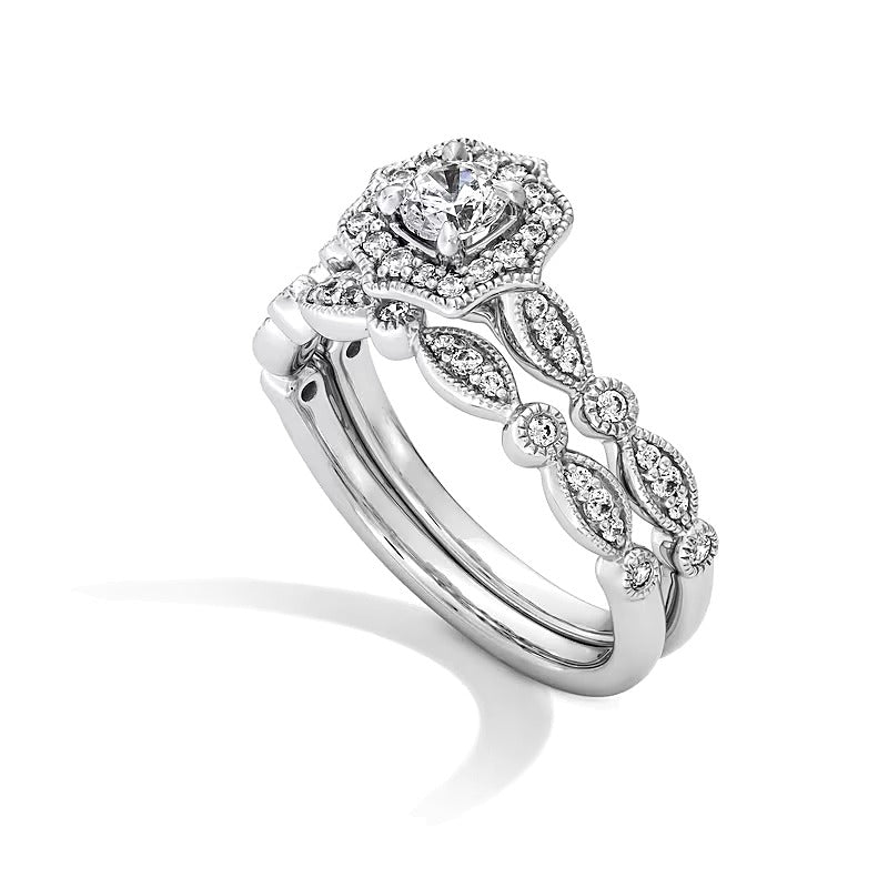 0.63 ct. Gesamtgewicht Diamant Brautset im Art-Déco-Vintage-Stil mit Vierpass-Fassung in 14K Weißgold