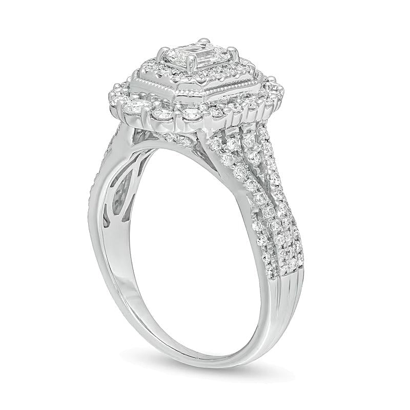 Verlobungsring im Vintage-Stil mit Diamant im Smaragdschliff 1.0 ct. Gesamtgewicht und doppeltem achteckigem Rahmen mit geteilter Schiene in 14K Weißgold