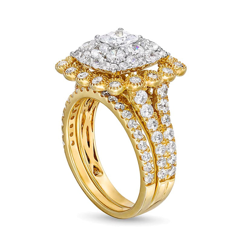 2.75 ct. Gesamtgewicht Braut-Set mit Diamanten in Princess-, rund- und Kissenschliff in 10K Gelbgold