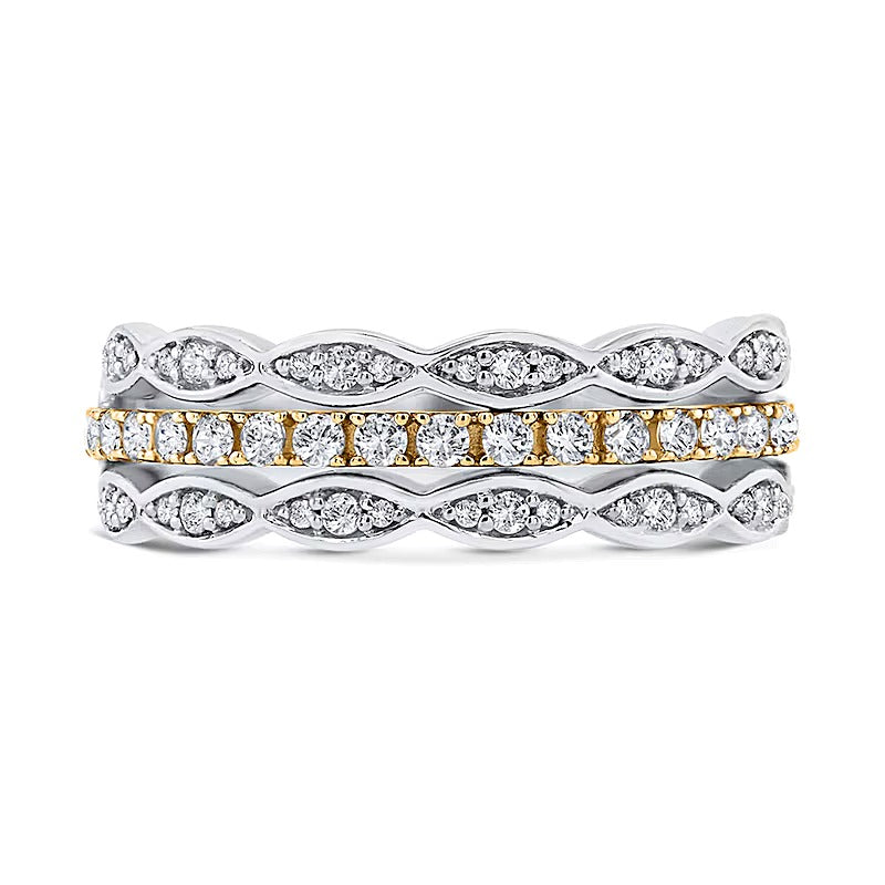 0.38 ct. Gesamtgewicht Fashion-Ring mit runden und Marquise-Diamanten, dreireihig gestapelt, in 10K Gold zweifarbig