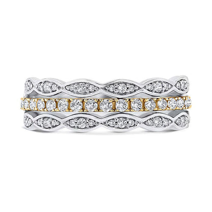 0.38 ct. Gesamtgewicht Fashion-Ring mit runden und Marquise-Diamanten, dreireihig gestapelt, in 10K Gold zweifarbig