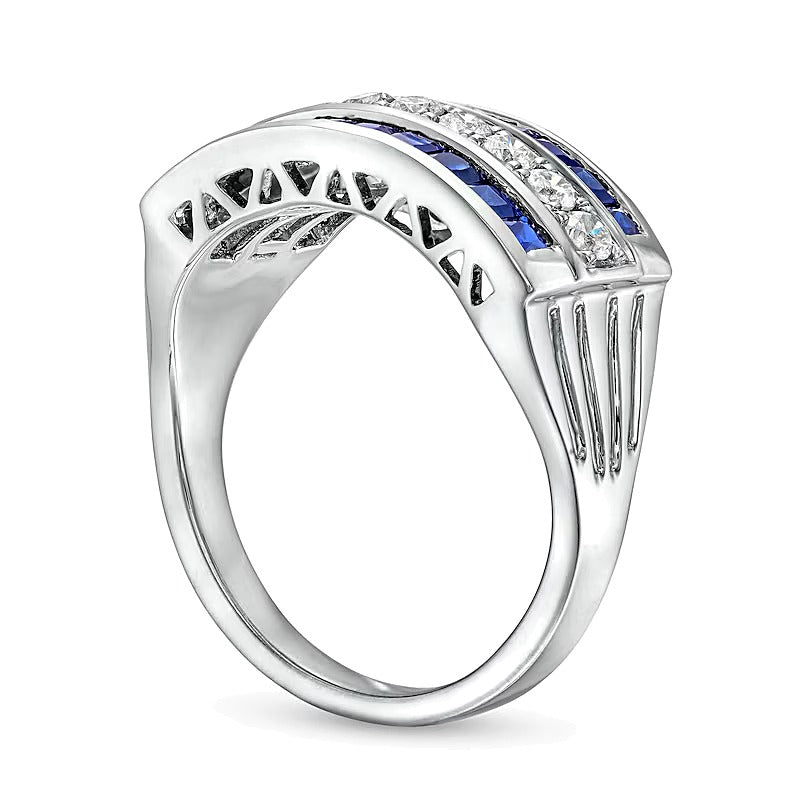 0,33 ct. Gesamtgewicht Diamant- und blauer Saphir-Ring im Princess-Schliff, dreireihig, in 14K Weißgold