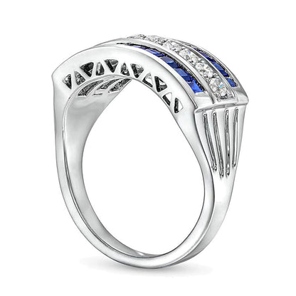 0,33 ct. Gesamtgewicht Diamant- und blauer Saphir-Ring im Princess-Schliff, dreireihig, in 14K Weißgold