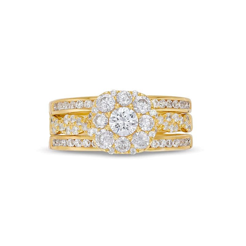 Braut-Set mit Diamanten im Kissenschliff und rund, gedrehter Ringschiene, 1.5 ct. Gesamtgewicht, in 10K Gelbgold