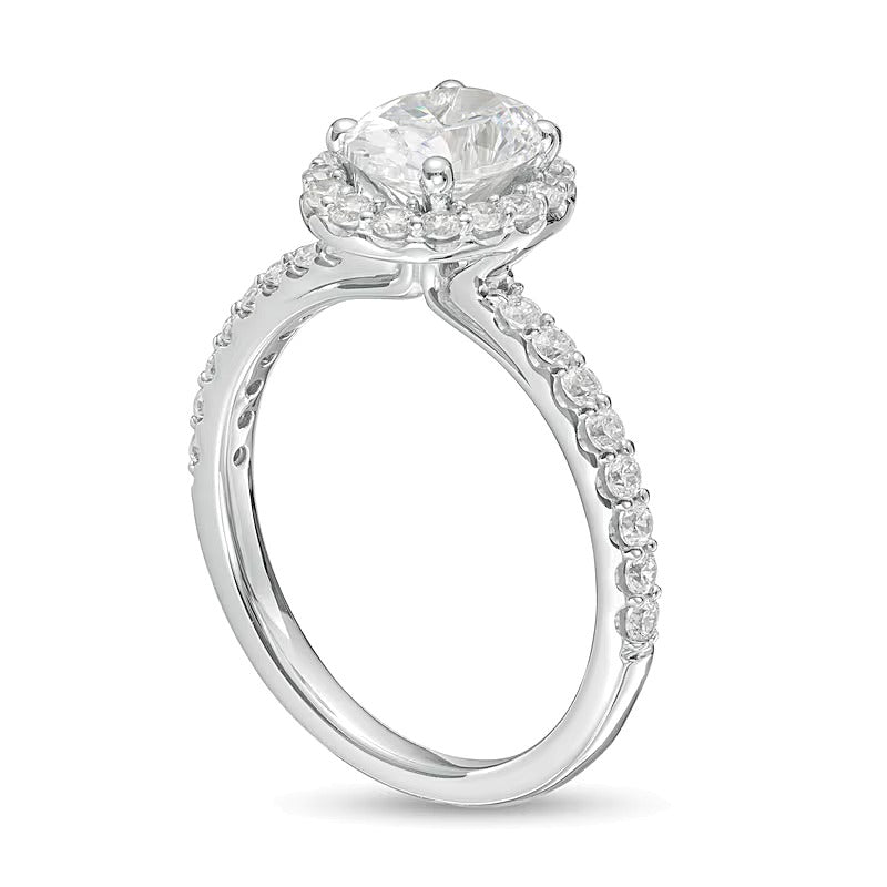 1.5 CT. Gesamtgewicht Verlobungsring mit ovalem Labordiamant und Halo in 14K Weißgold (F/VS2)