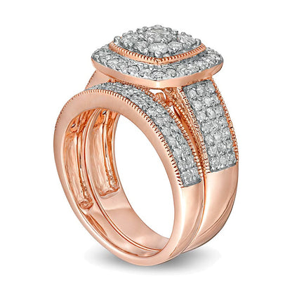 Braut-Set mit Diamanten im Kissenschliff und rund, Komposit, mehrreihig im Vintage-Stil, 1.33 ct. Gesamtgewicht, in 10K Roségold