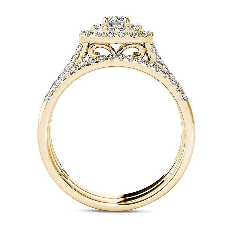 1.0 CT. Gesamtgewicht Diamant Brautset mit doppeltem Rahmen und mehrreihiger Fassung in 14K Gelbgold