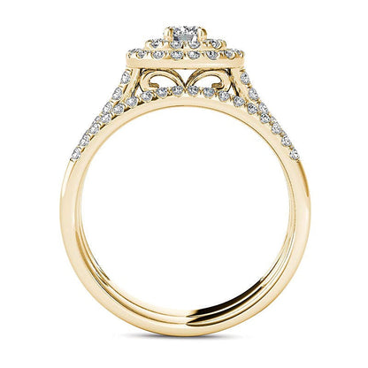 1.0 CT. Gesamtgewicht Diamant Brautset mit doppeltem Rahmen und mehrreihiger Fassung in 14K Gelbgold