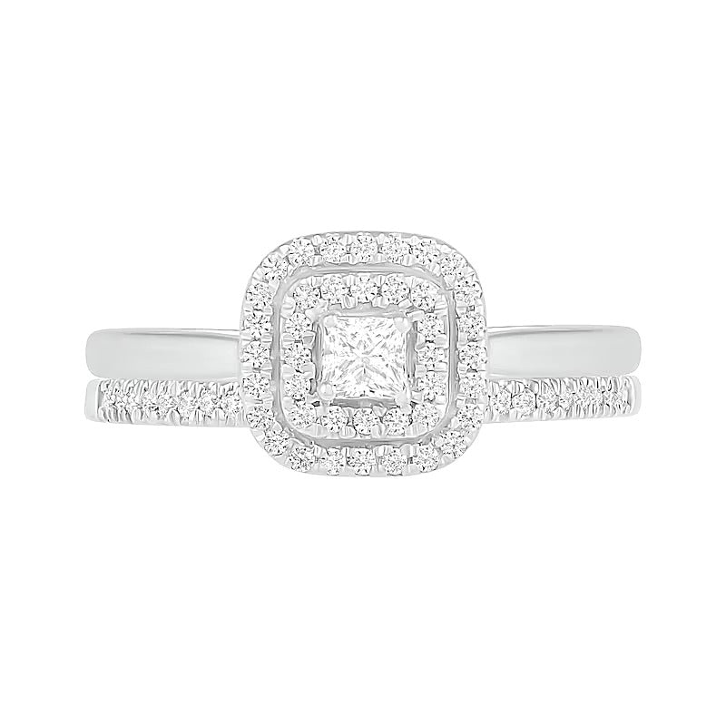 Braut-Set mit Diamanten im Princess-, Rund- und Kissenschliff und doppeltem Kissen-Rahmen in 10K Weißgold, 0.38 ct. Gesamtgewicht