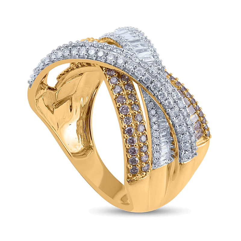 1.5 CT. Gesamtgewicht Ring mit champagnerfarbenen und weißen Diamanten im überkreuzten Layer-Design aus 10K Gelbgold