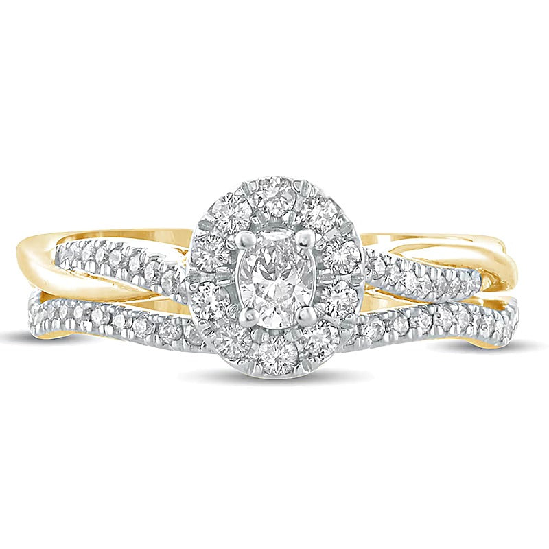 Braut-Set mit ovalem Diamant-Rahmen und gedrehter Schiene, 0,5 ct. Gesamtgewicht, in 10K Gelbgold