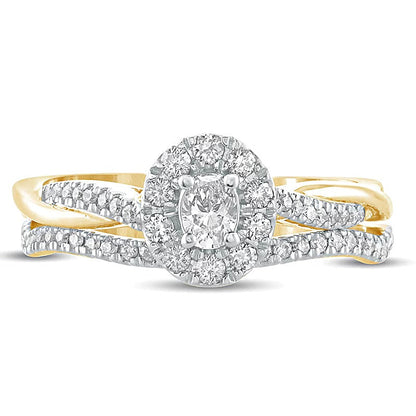Braut-Set mit ovalem Diamant-Rahmen und gedrehter Schiene, 0,5 ct. Gesamtgewicht, in 10K Gelbgold