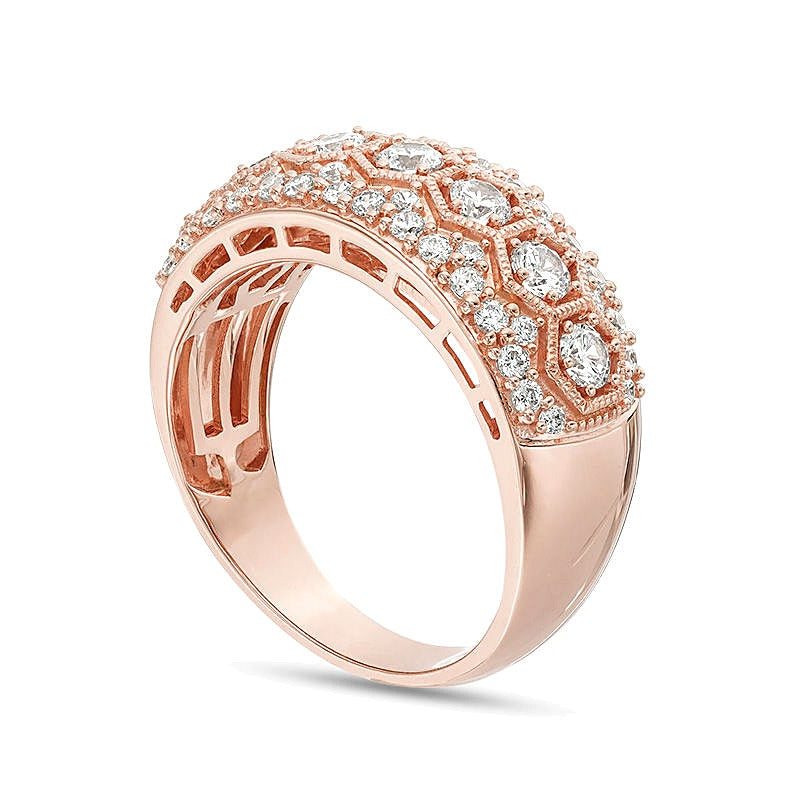Memoire-Ring mit Diamanten 1.0 ct. Gesamtgewicht, sieben Steine im Sechseck-Rahmen im Vintage-Stil, 10K Roségold