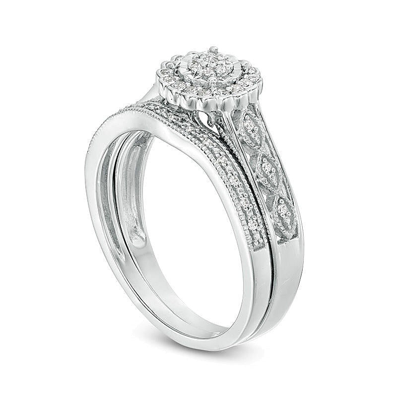 0.2 ct. Gesamtgewicht Komposit-Diamant Braut-Set im Vintage-Stil mit Blütenrahmen aus rhodiniertem Sterlingsilber