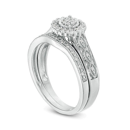 0.2 ct. Gesamtgewicht Komposit-Diamant Braut-Set im Vintage-Stil mit Blütenrahmen aus rhodiniertem Sterlingsilber