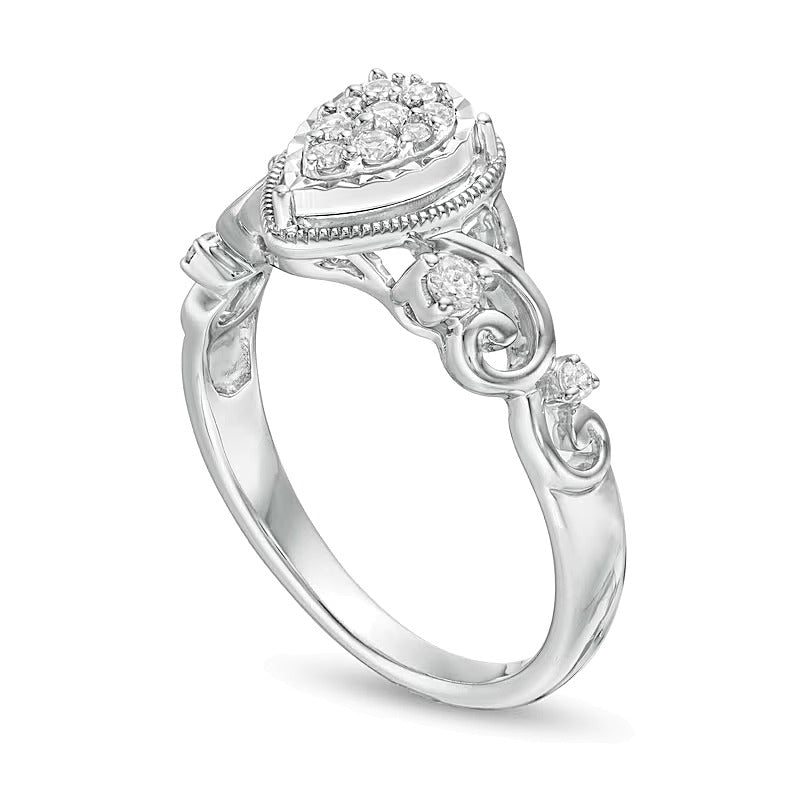 Freundschaftsring für Damen mit Diamant und Saphir, 0.2 ct. Gesamtgewicht, tropfenförmiger Rahmen, rhodiniertes Sterlingsilber 925