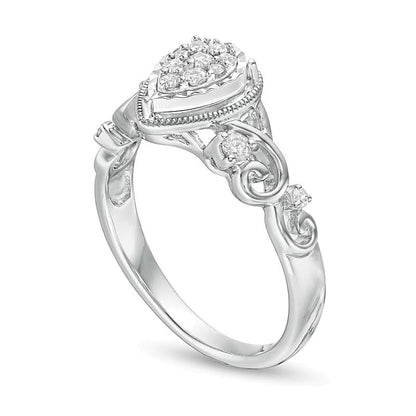 Freundschaftsring für Damen mit Diamant und Saphir, 0.2 ct. Gesamtgewicht, tropfenförmiger Rahmen, rhodiniertes Sterlingsilber 925