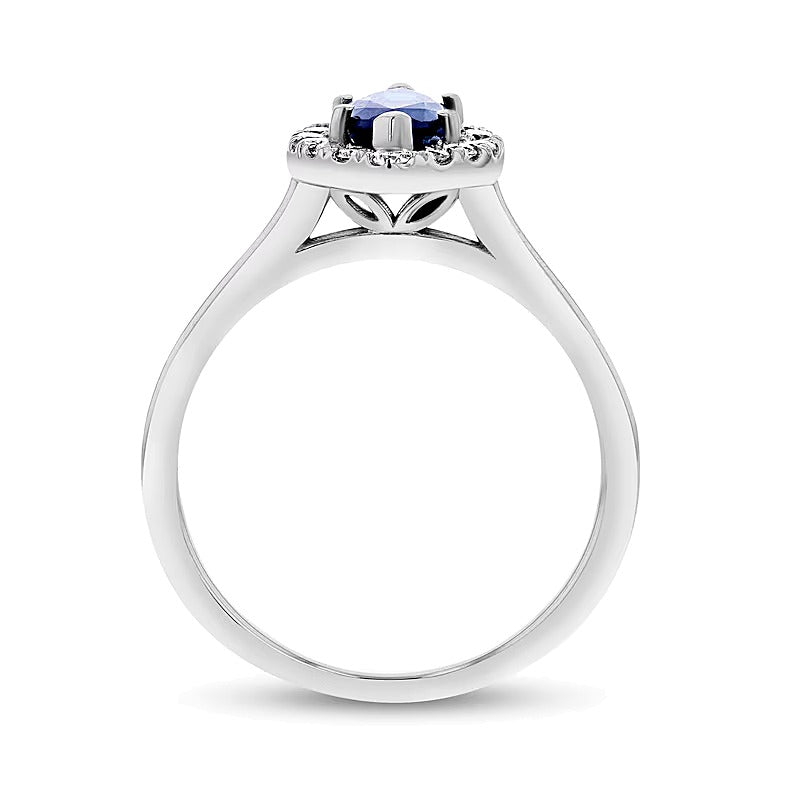 Ring mit blauem Saphir im Marquise-Schliff und Diamanten 0,25 ct. Gesamtgewicht im Halo aus 14K Weißgold