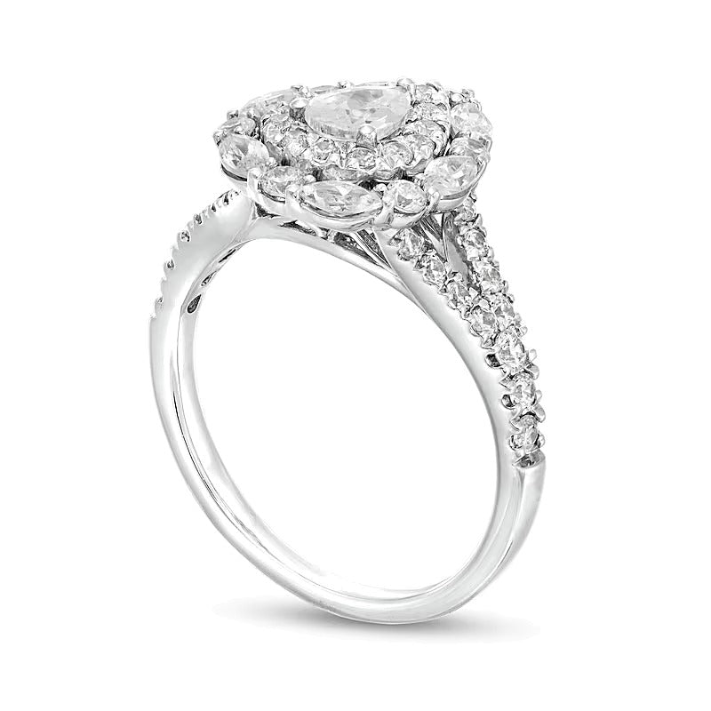 1.5 CT. Gesamtgewicht Verlobungsring mit tropfenförmigem Diamant und doppeltem Halo in 14K Weißgold