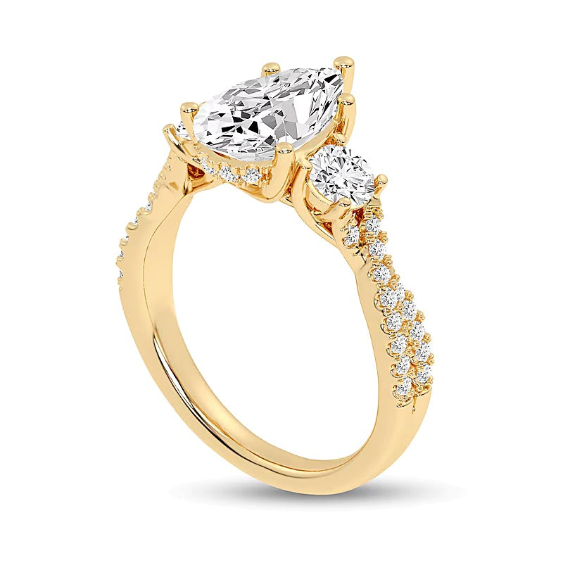 2,75 ct. Gesamtgewicht Dreistein-Verlobungsring mit tropfenförmigen Labordiamanten in 14K Gelbgold (F/SI2)