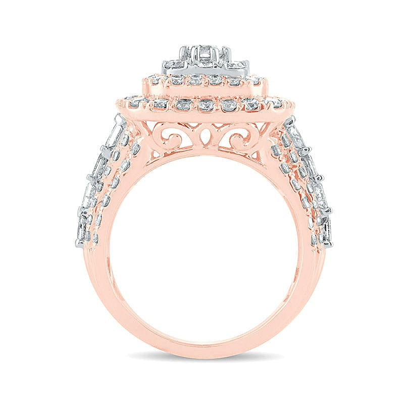 3.0 ct. Gesamtgewicht Diamant Verlobungsring mit Halo, mehrreihig, rund/Princess/Kissenschliff, in 10K Roségold