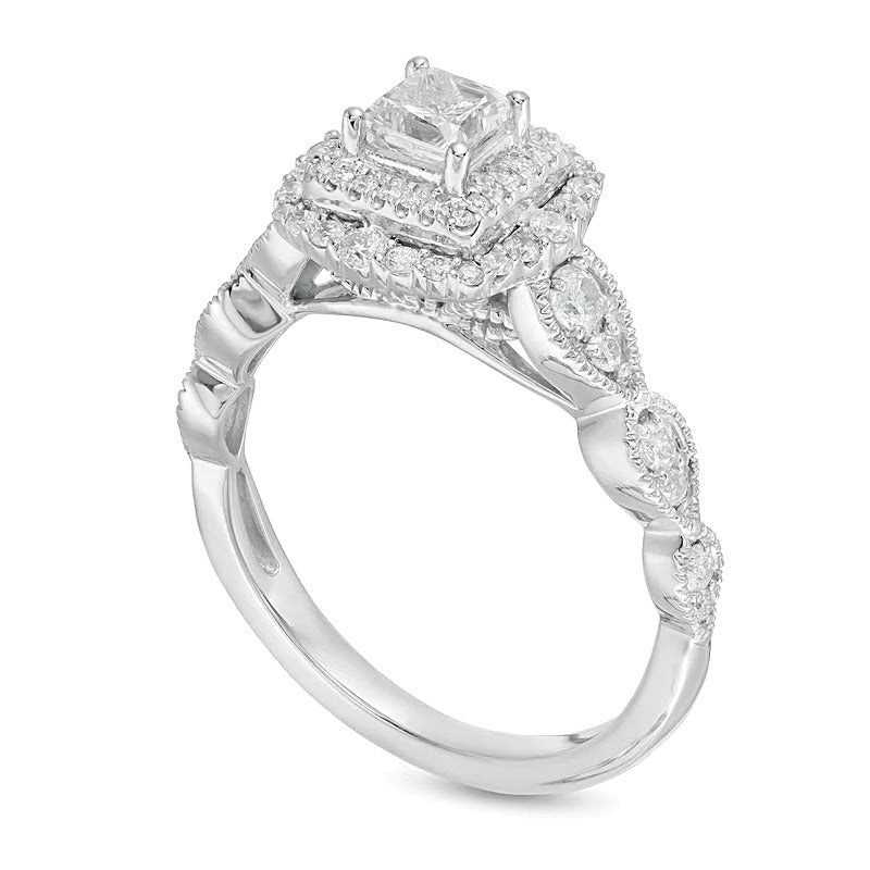 0.88 ct. Gesamtgewicht Halo-Verlobungsring mit Diamanten im Princess- und Rundschliff im Art-Déco-Vintage-Stil aus 10K Weißgold