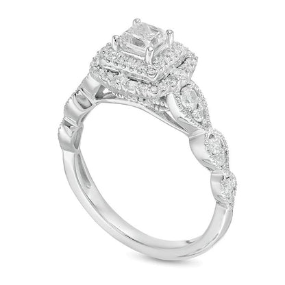 0.88 ct. Gesamtgewicht Halo-Verlobungsring mit Diamanten im Princess- und Rundschliff im Art-Déco-Vintage-Stil aus 10K Weißgold