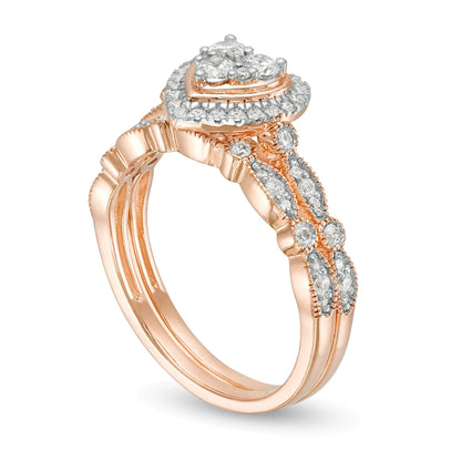 0.5 CT. Gesamtgewicht Diamant-Brautset mit Herz-Rahmen und wechselnden Marquise-Diamanten im Vintage-Stil in 10K Roségold