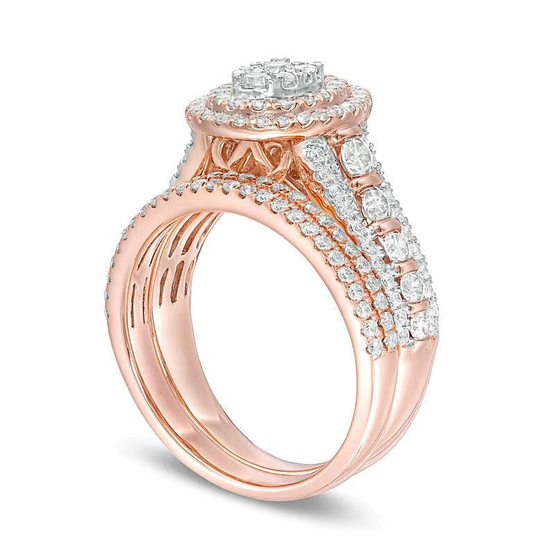 Braut-Set mit Komposit-Diamanten 1.5 ct. Gesamtgewicht, doppelter ovaler Rahmen, mehrreihig, in 10K Roségold