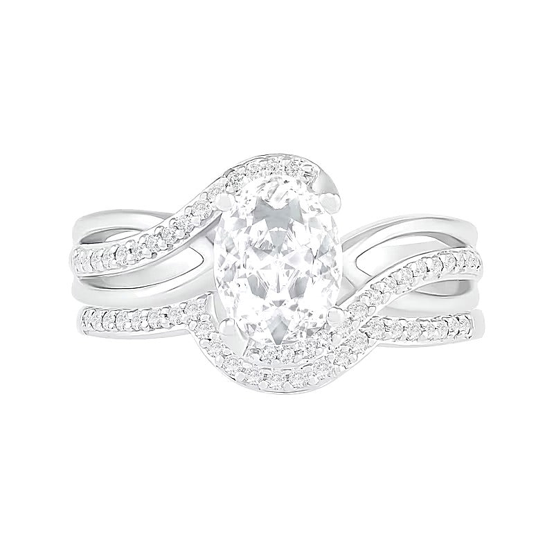 Braut-Set mit ovalem weißen Labor-Saphir und runden Saphiren, Krappenfassung, in rhodiniertem Sterlingsilber