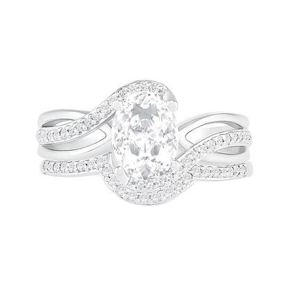Braut-Set mit ovalem weißen Labor-Saphir und runden Saphiren, Krappenfassung, in rhodiniertem Sterlingsilber