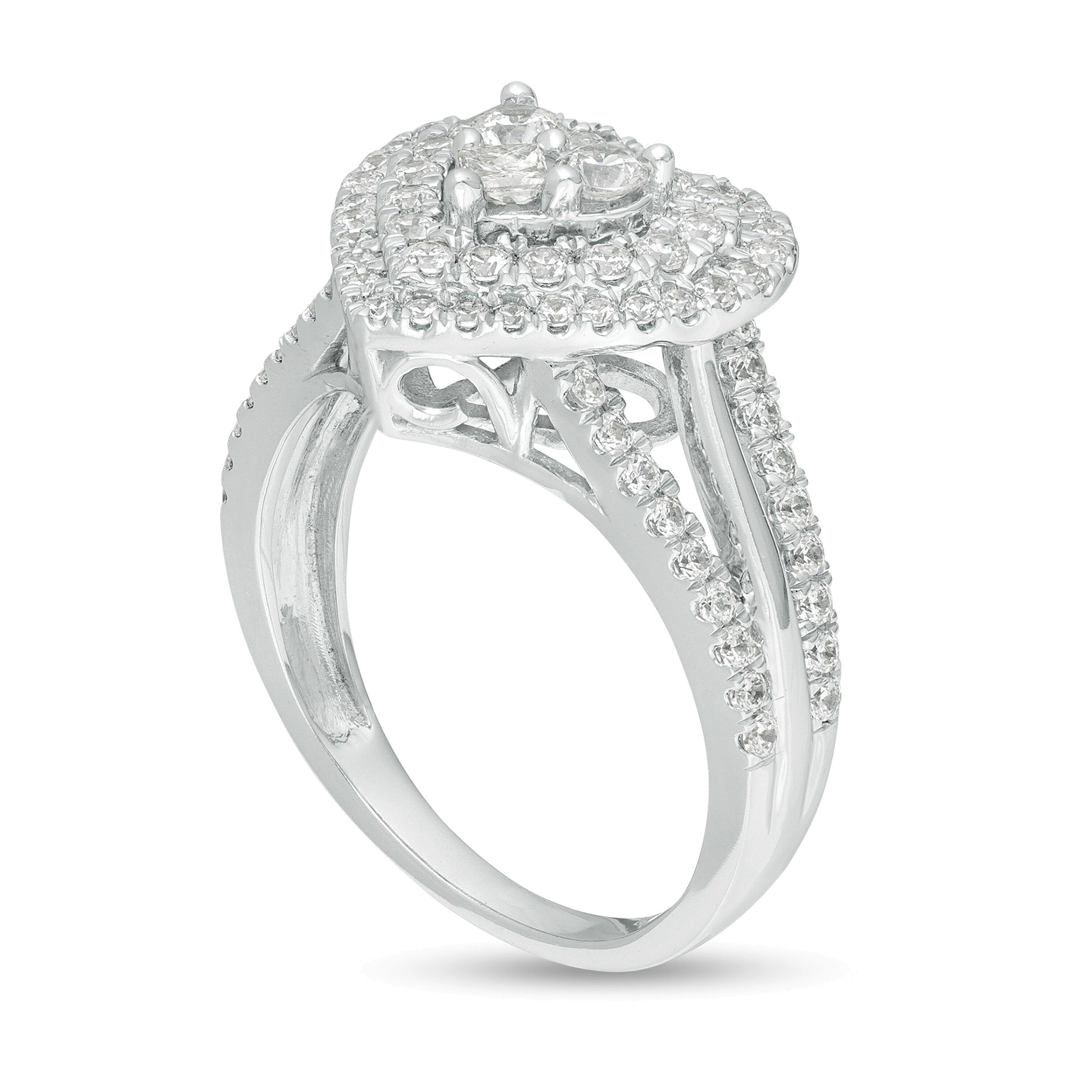Herzförmiger Ring mit mehreren Diamanten, doppeltem Rahmen und geteilter Schiene, 1.0 CT. Gesamtgewicht, in 10K Weißgold