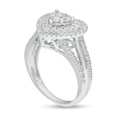 Herzförmiger Ring mit mehreren Diamanten, doppeltem Rahmen und geteilter Schiene, 1.0 CT. Gesamtgewicht, in 10K Weißgold